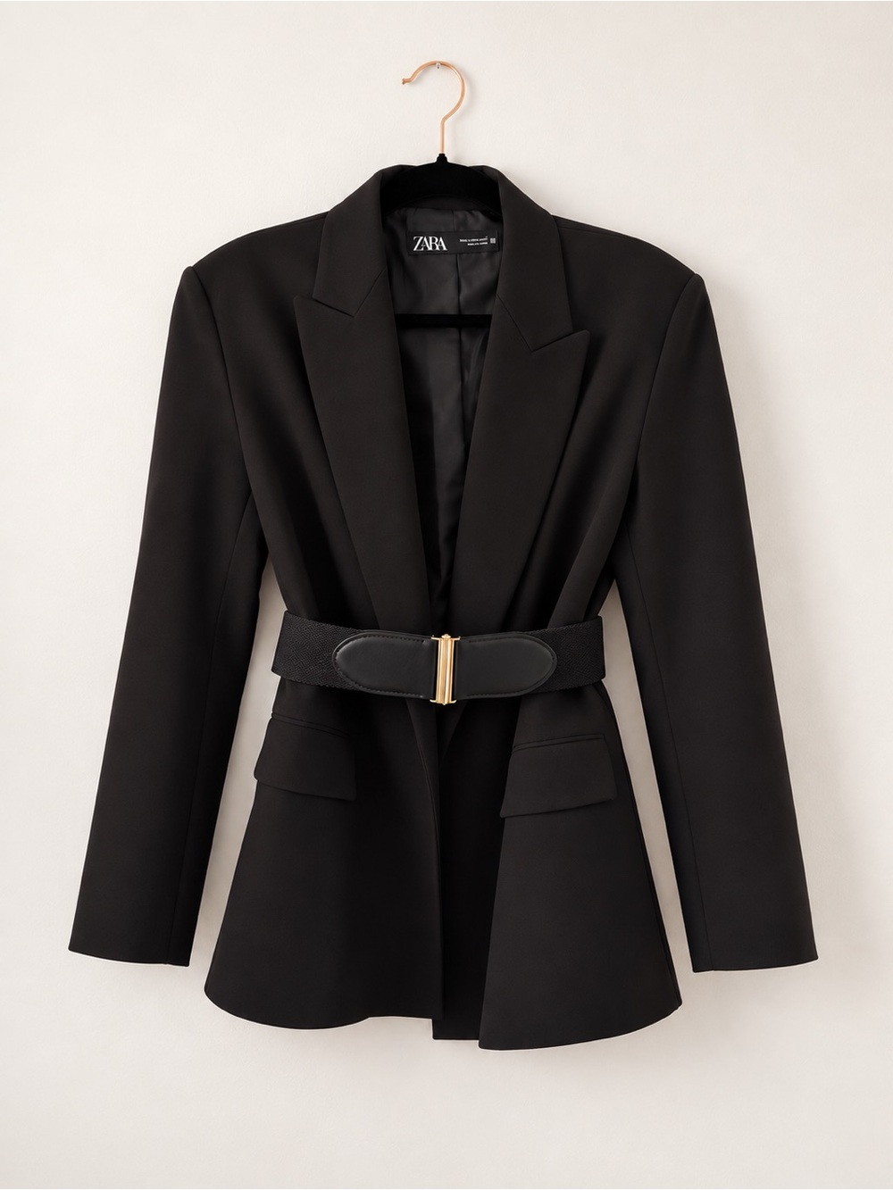 Zara Black Tailored Blazer with Gold Buckle Belt